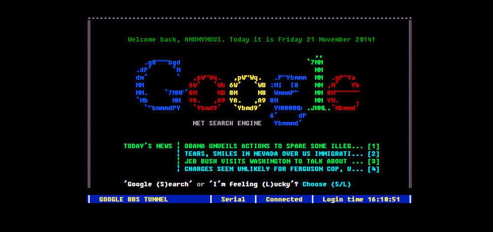 GoogleBBS Google search interface rendered as an 80s-style BBS terminal with green text on black background
