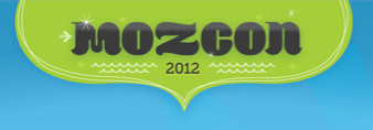 MozCon 2012 conference logo on a bright green badge against a blue background