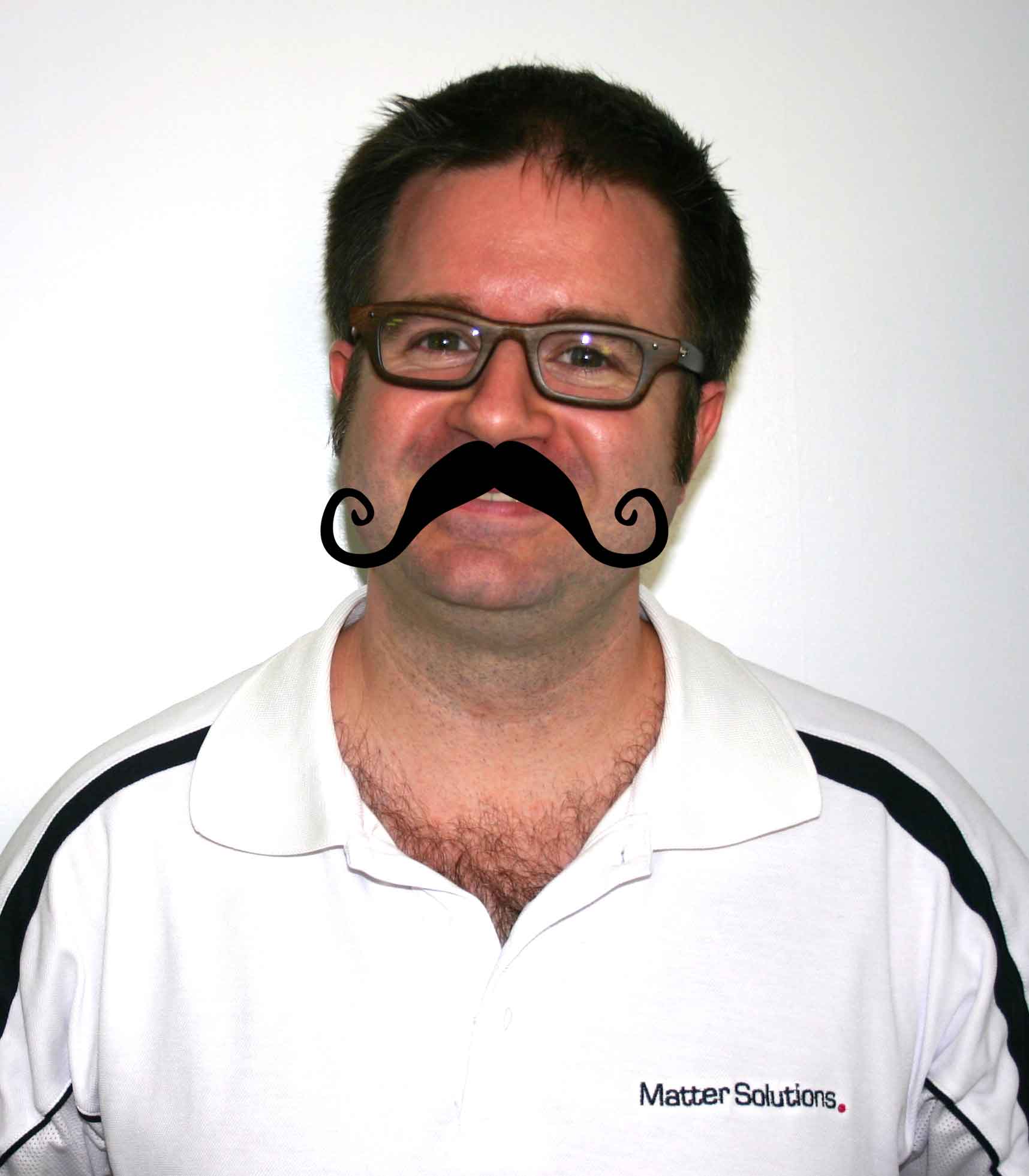 Mo6 Matter Solutions team member with a Movember moustache graphic overlay, wearing branded polo shirt