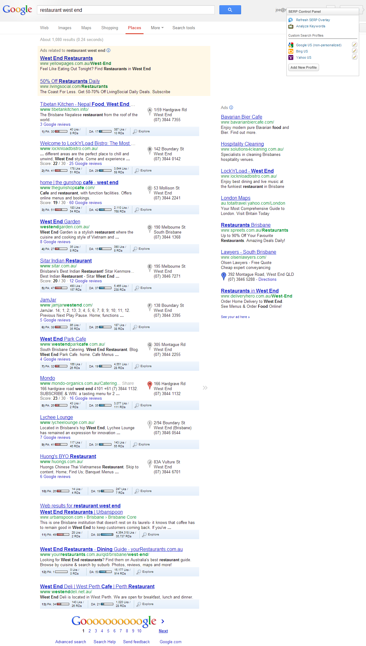 google places search automatically activated Google search results page for restaurant west end showing multiple local business listings