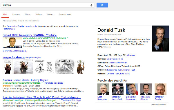 Knowledge Graph Google Bomb - Polish Prime Minister shows up for Liar Search Google search results for the Polish word for liar showing Donald Tusk in the Knowledge Graph panel