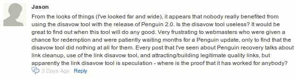 SEW_disavow-doesnt-work-comment Search Engine Watch reader comment questioning whether Google's disavow tool actually works for Penguin recovery