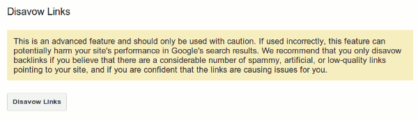 disavow-tool_600 Google Search Console Disavow Links tool warning message explaining risks of disavowing backlinks