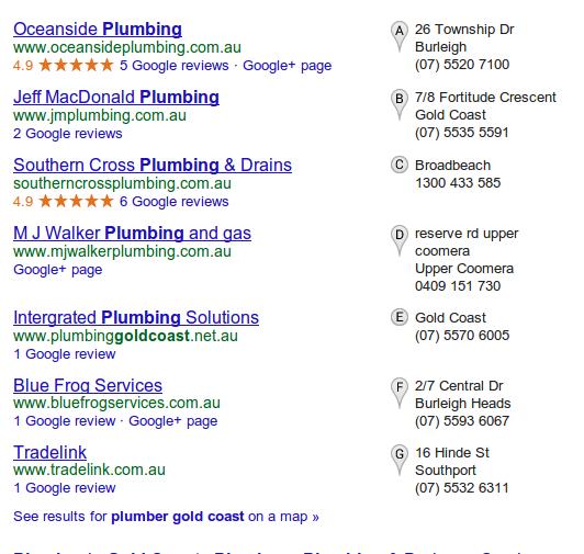 Google local search results showing plumber listings on the Gold Coast with star ratings and map markers