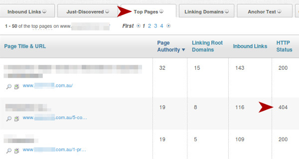 Moz Open Site Explorer Top Pages report showing page authority, linking root domains, and HTTP status