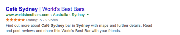 Google search result for Cafe Sydney at World's Best Bars showing 5-star rich snippet rating