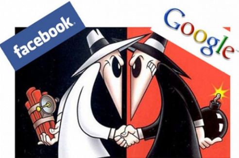 Cartoon spy vs spy illustration with Facebook and Google logos depicting rivalry between the two ad platforms