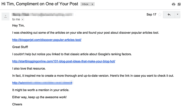 Sample outreach email complimenting a blogger and pitching a link swap for a related article