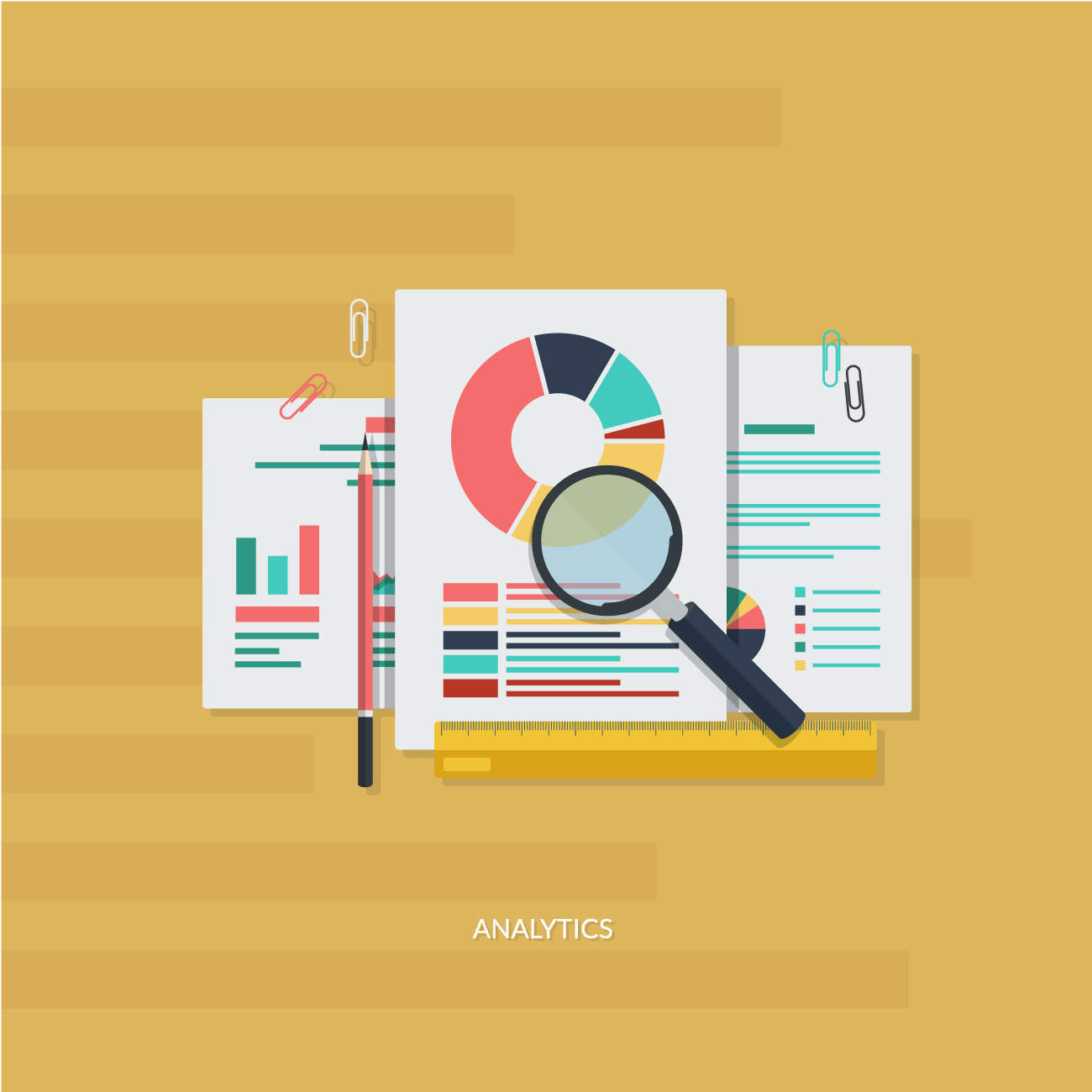 Flat design illustration of analytics documents with pie chart, bar graphs, and a magnifying glass on an orange background