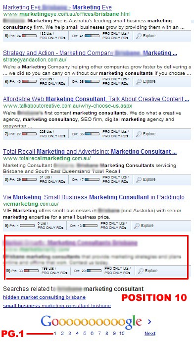 BLOG2 Google search results page showing a client site ranking at position 10 on page 1, highlighted in red