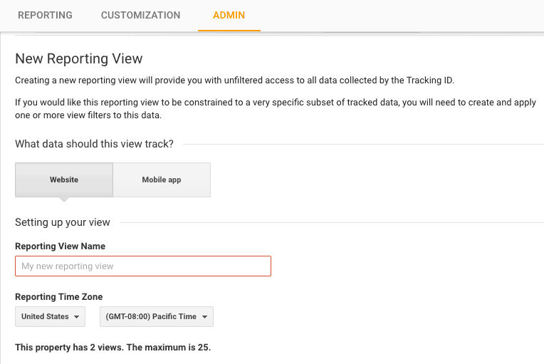 Google Analytics Admin panel showing the New Reporting View setup screen with view name and time zone fields