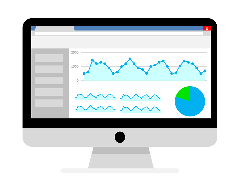Desktop monitor illustration displaying a web analytics dashboard with line graph, trend charts, and pie chart