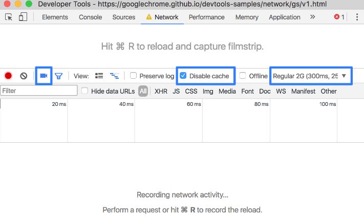 Chrome DevTools Network tab showing Disable cache option and throttle set to Regular 2G