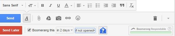 Gmail compose window with Boomerang email follow-up scheduling toolbar visible below the message body