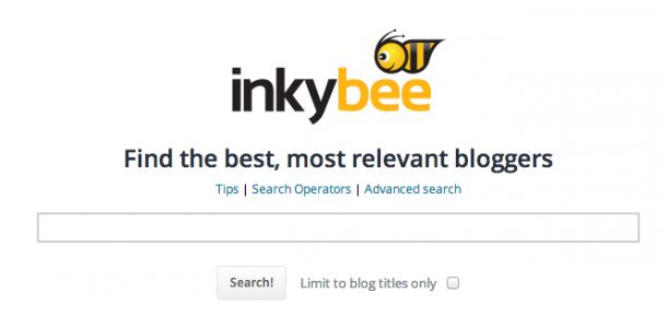 Inkybee homepage with the tagline Find the best, most relevant bloggers and a search field