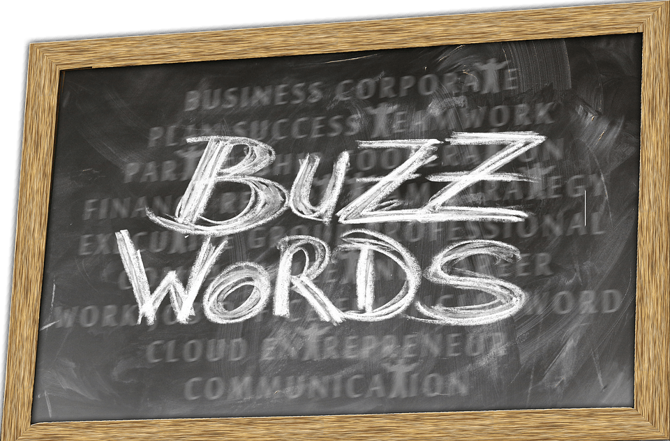 Chalkboard displaying the words Buzz Words surrounded by business terms, illustrating AdWords budget keyword concepts