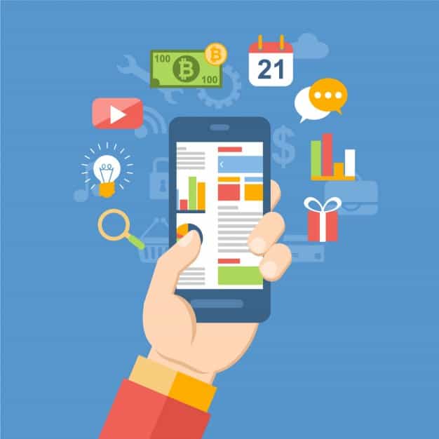 Flat illustration of a hand holding a smartphone surrounded by digital marketing icons including search, video, and analytics