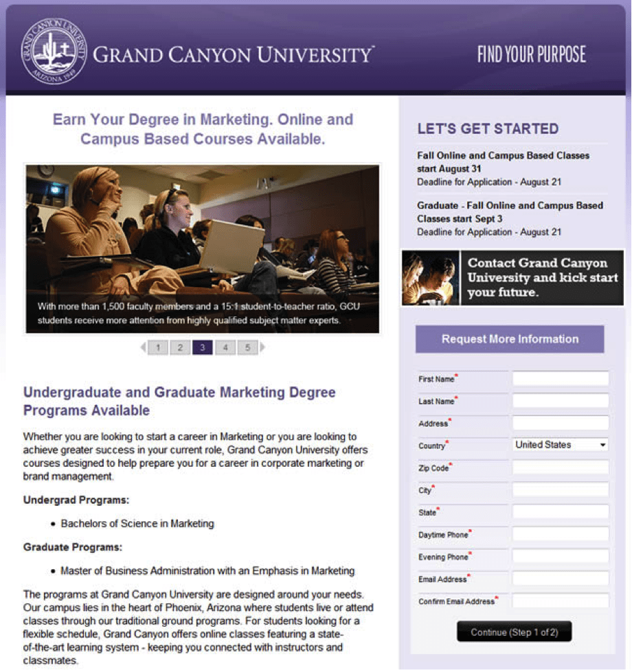Grand Canyon University landing page showing marketing degree programmes with a lead capture form and clear call to action