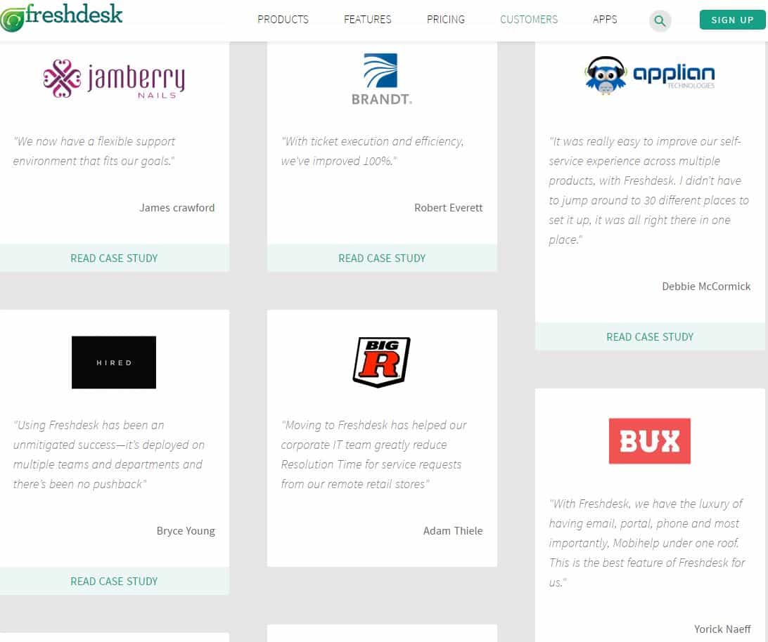 Freshdesk customers page displaying client testimonials and case studies from brands including Jamberry, Brandt and Hired
