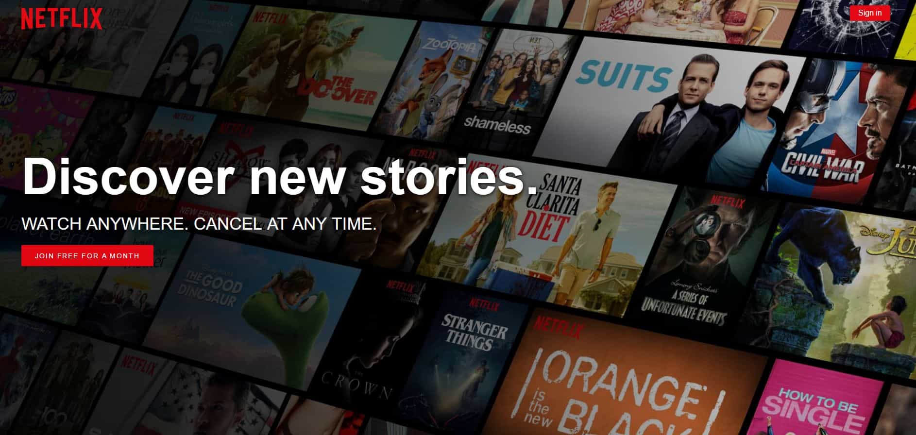 Netflix homepage hero banner showing Discover New Stories headline with a grid of film and TV show thumbnails