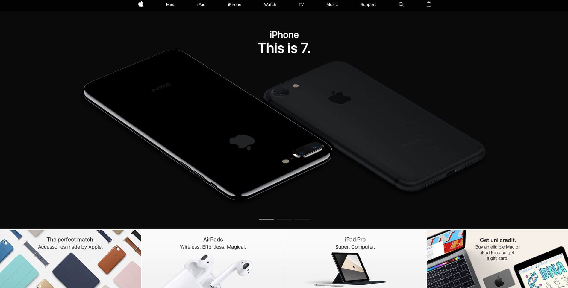 Apple.com homepage featuring the iPhone 7 hero campaign with product images and navigation bar
