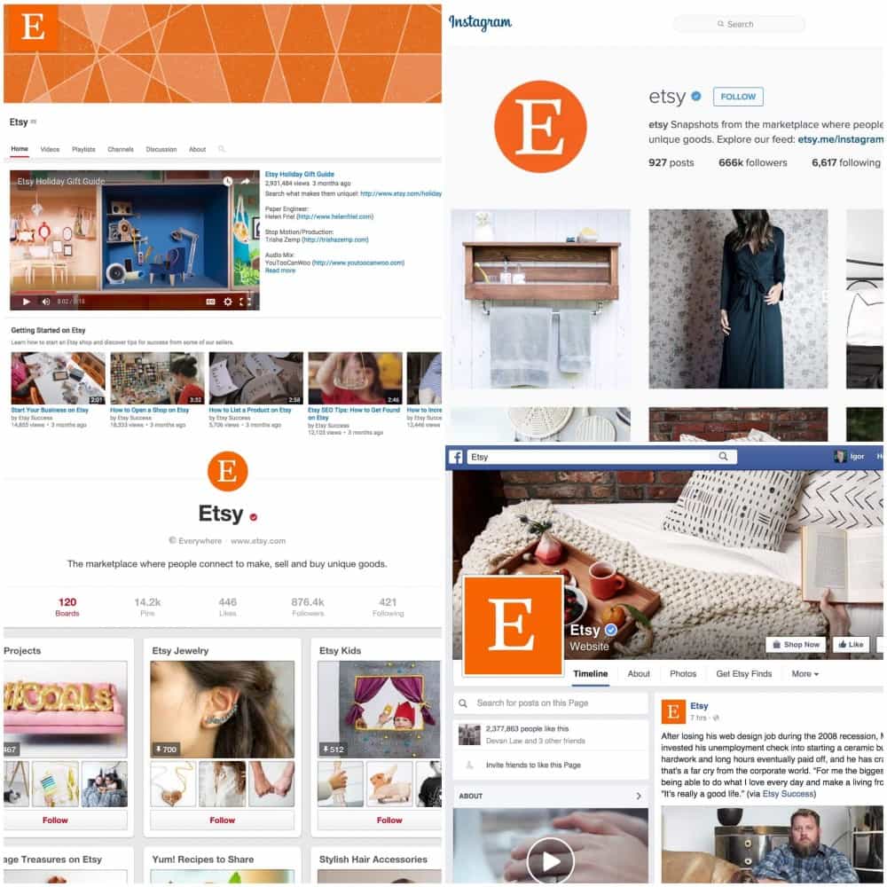 Composite screenshot of Etsy social media profiles across YouTube, Instagram, Pinterest and Facebook showing consistent brand identity