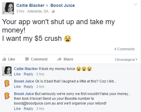 Facebook post from a customer to Boost Juice complaining about a payment error, with Boost Juice responding publicly and apologising