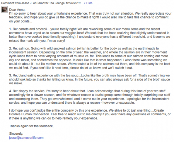 Samovar Tea Lounge owner response on Yelp to a negative review, addressing customer complaints about food quality and service
