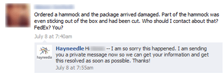 Facebook exchange where Hayneedle responds promptly to a customer complaint about a damaged hammock delivery, offering to resolve privately