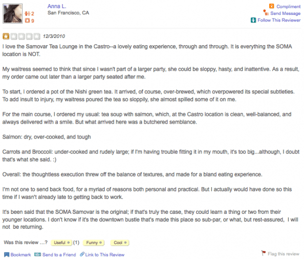Yelp review screenshot showing a detailed negative experience at Samovar Tea Lounge in San Francisco, illustrating how bad reviews appear online