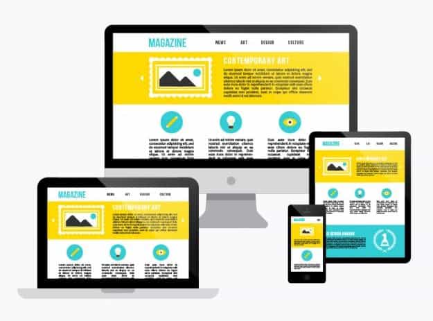 Responsive website design shown across desktop monitor, laptop, tablet and smartphone with a yellow and teal magazine layout
