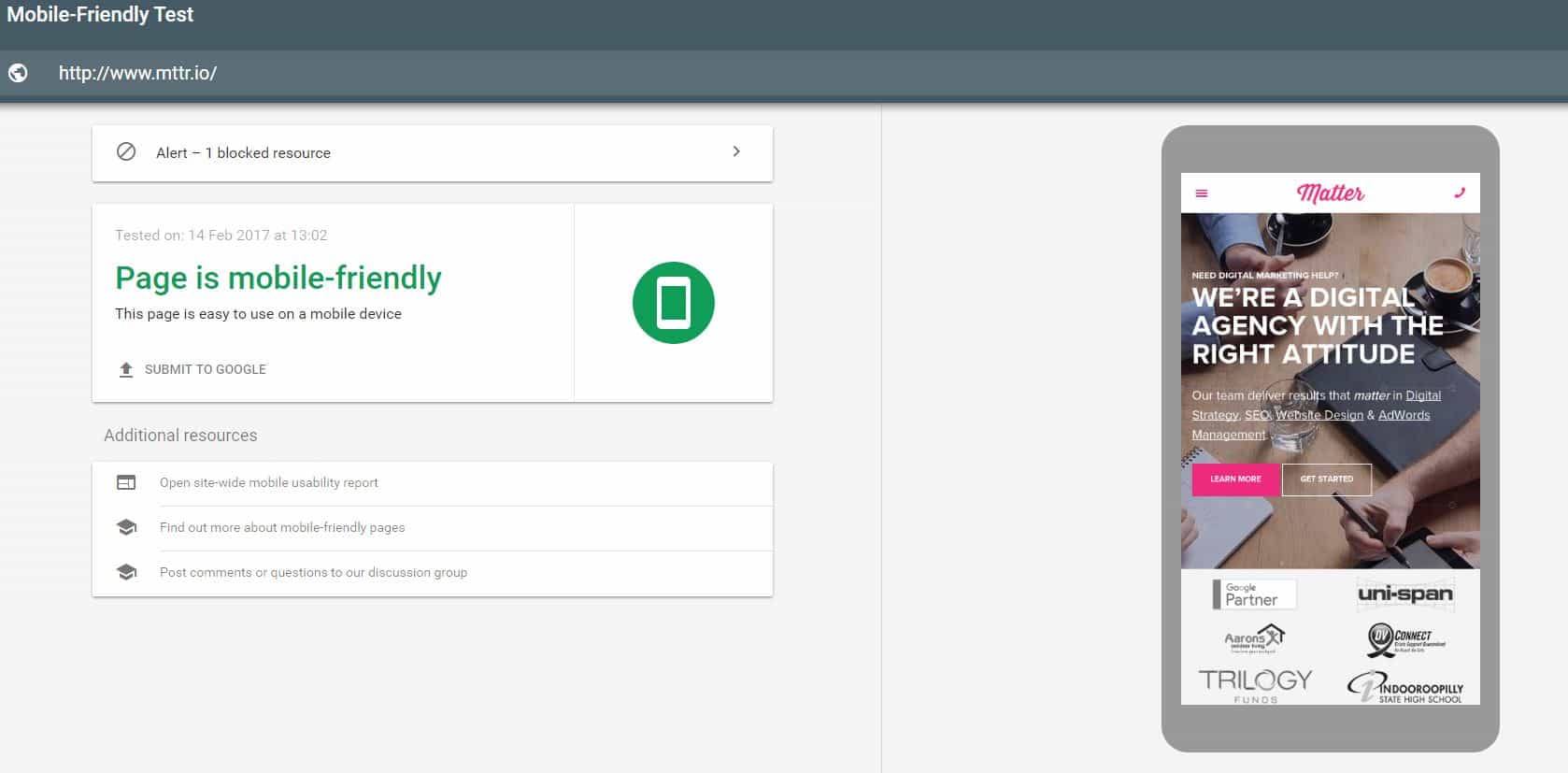 Google Mobile-Friendly Test results showing the Matter Solutions website passing as mobile-friendly with a phone preview