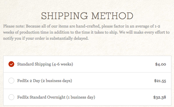 E-commerce checkout page showing shipping method options including standard, FedEx 2 Day and FedEx Overnight with pricing