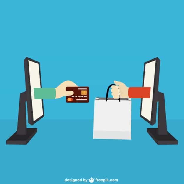 Illustration of two hands reaching through computer monitors exchanging a credit card and shopping bag, representing online payment