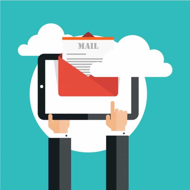 Flat design illustration of hands holding a tablet displaying an open email envelope, representing cart abandonment email retargeting