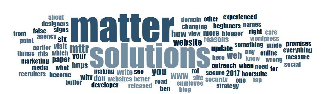 Word cloud featuring 'Matter Solutions' and SEO-related terms including outreach, strategy, and digital marketing