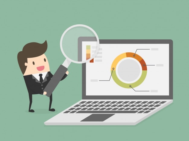 Cartoon businessman using magnifying glass to examine analytics charts on a laptop screen