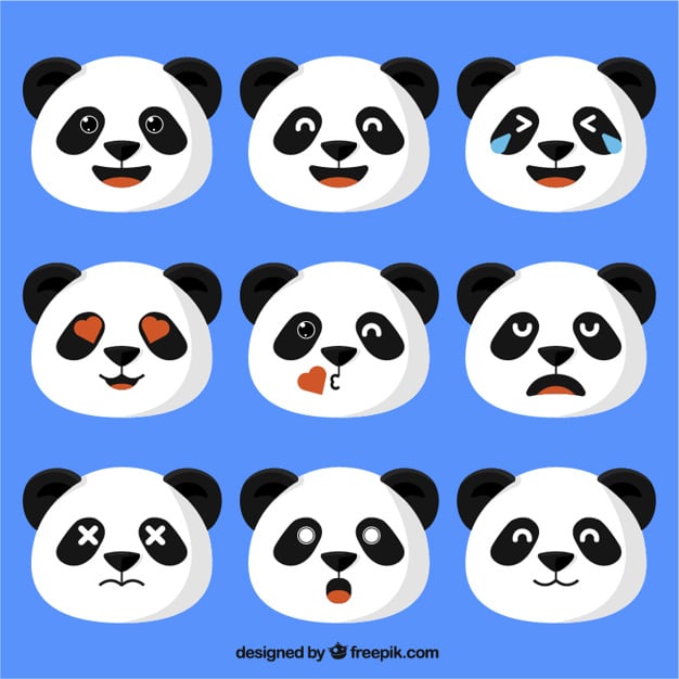 Nine cartoon panda face emoji stickers showing different expressions on a blue background