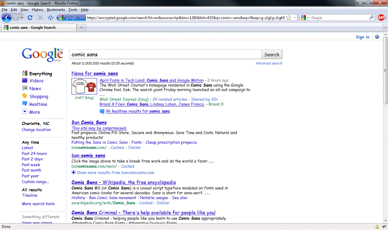 Google search results page for comic sans shown as an April Fools prank with results rendered in Comic Sans font
