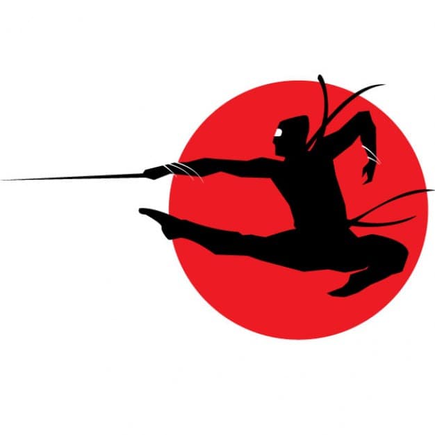 Black silhouette of a leaping ninja with a sword against a red circle, April Fools joke illustration