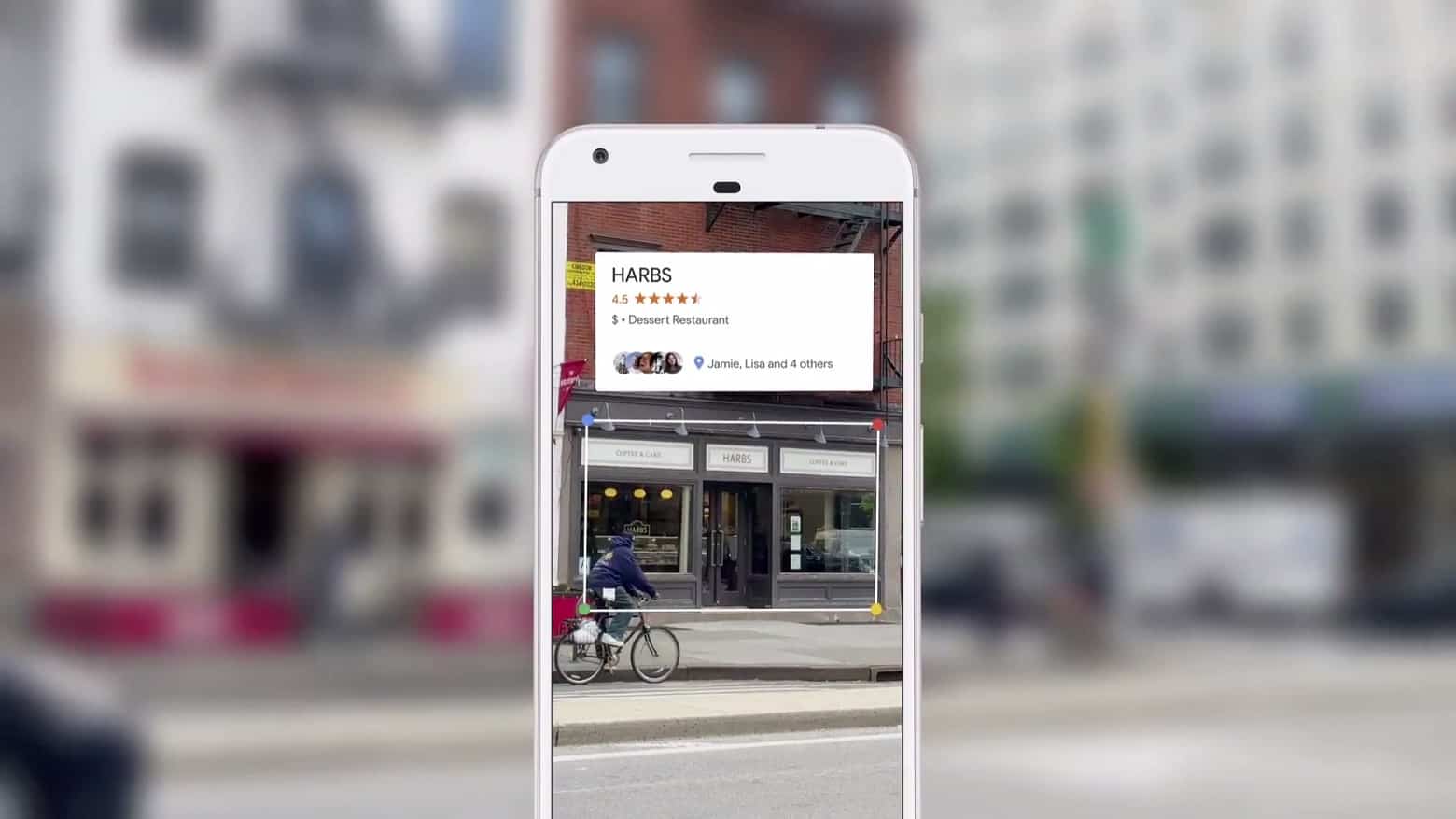 Google Lens on a Pixel phone scanning a restaurant storefront and displaying a business info card with ratings
