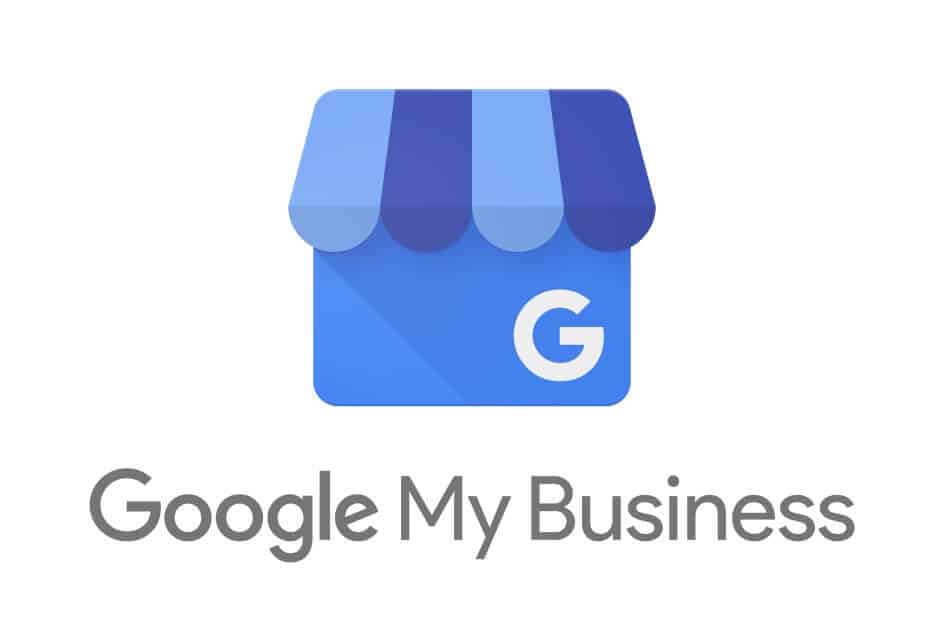 Google My Business logo with blue shop awning icon and wordmark on white background
