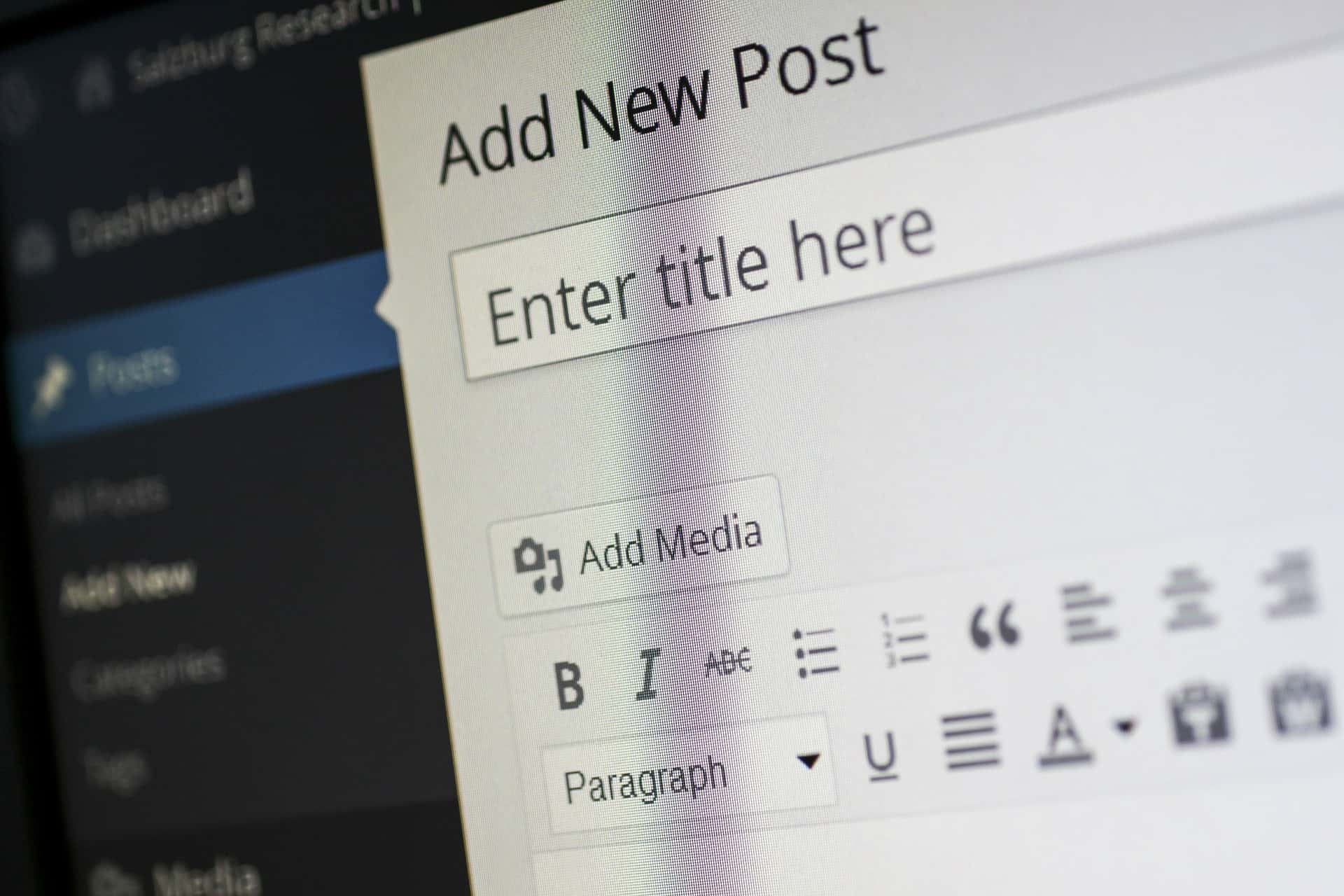 WordPress Add New Post editor screen showing title field, Add Media button and formatting toolbar