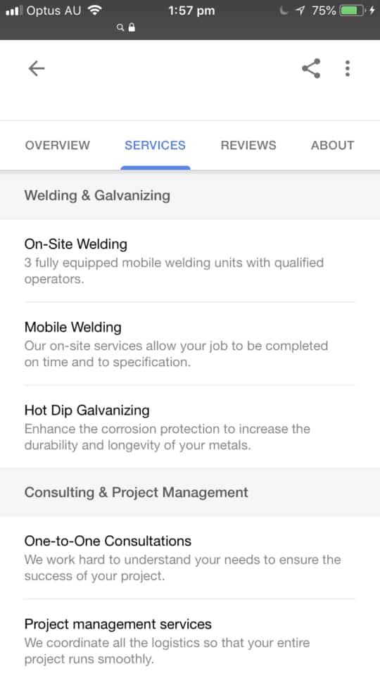 Google My Business Services tab on mobile showing detailed service listings for welding and consulting categories
