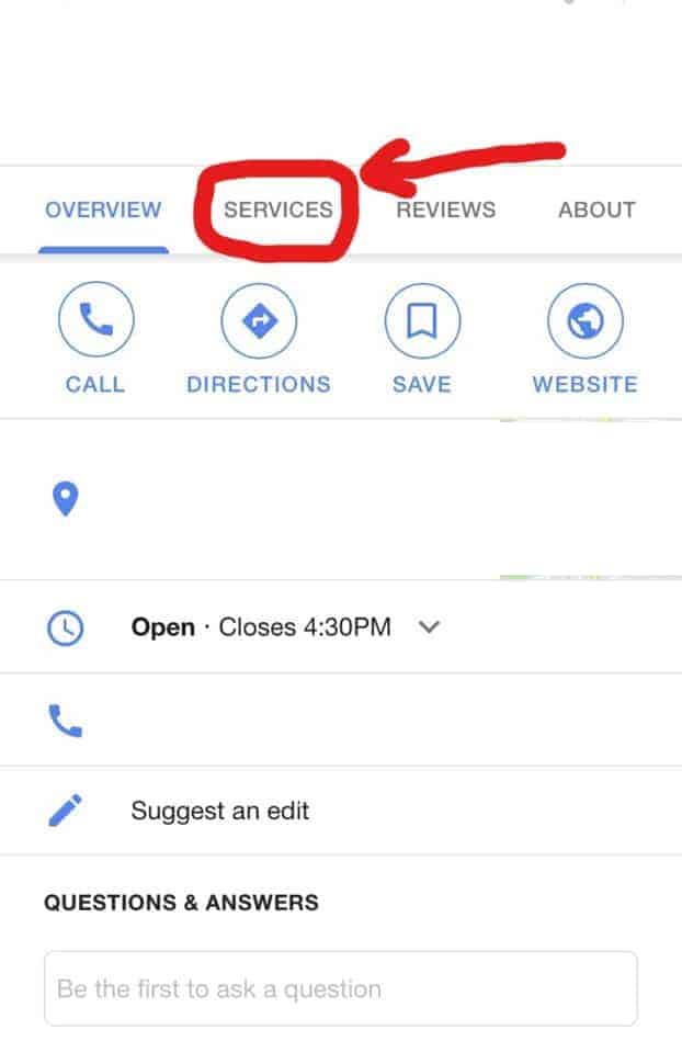 Google My Business listing on mobile with Services tab highlighted by a red arrow, showing call, directions, save and website buttons