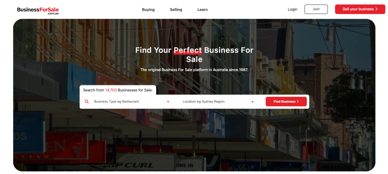 BusinessForSale.com.au homepage with search bar for finding a business to buy in Australia