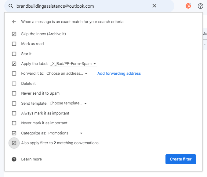 Gmail filter settings showing rules to archive and label form spam emails from a specific sender