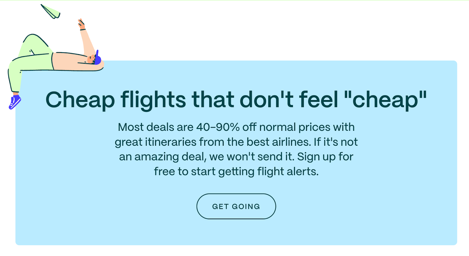 Going.com website hero promoting cheap flight deals with a Get Going CTA button and illustrated person relaxing