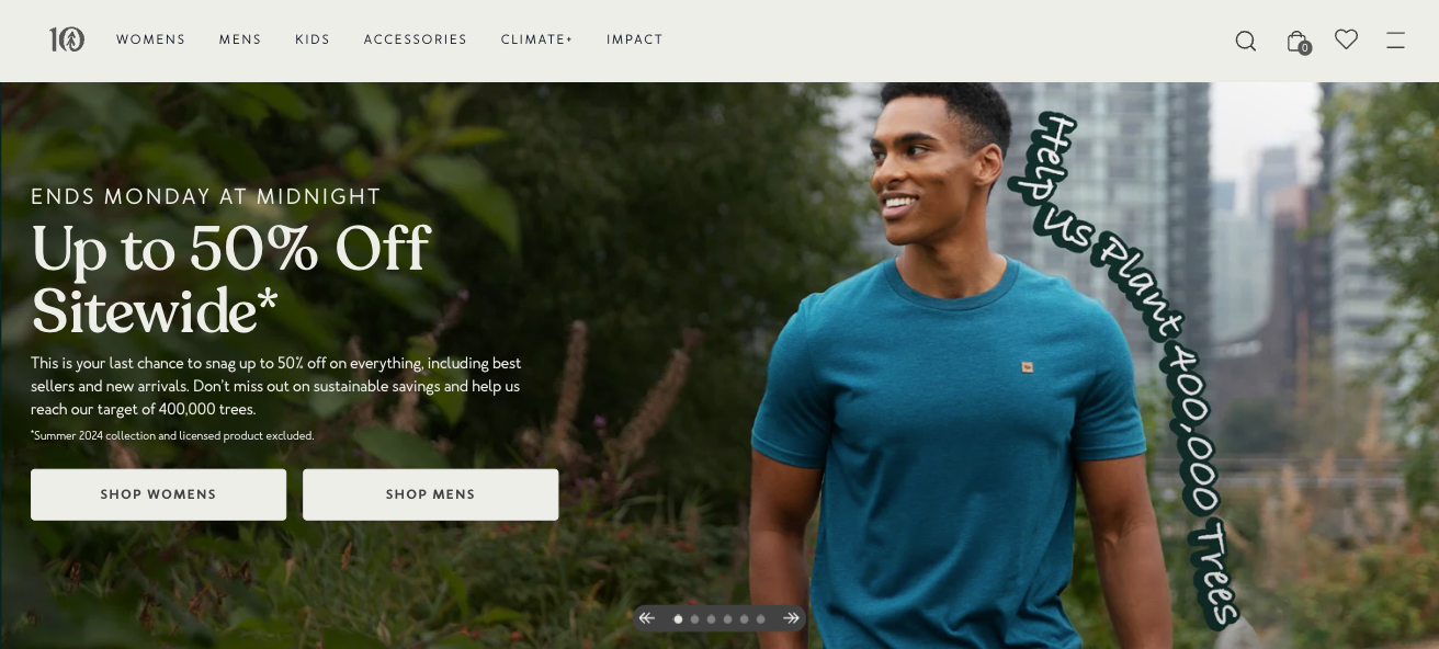 Tentree website homepage showing a sale banner and a man wearing a teal t-shirt