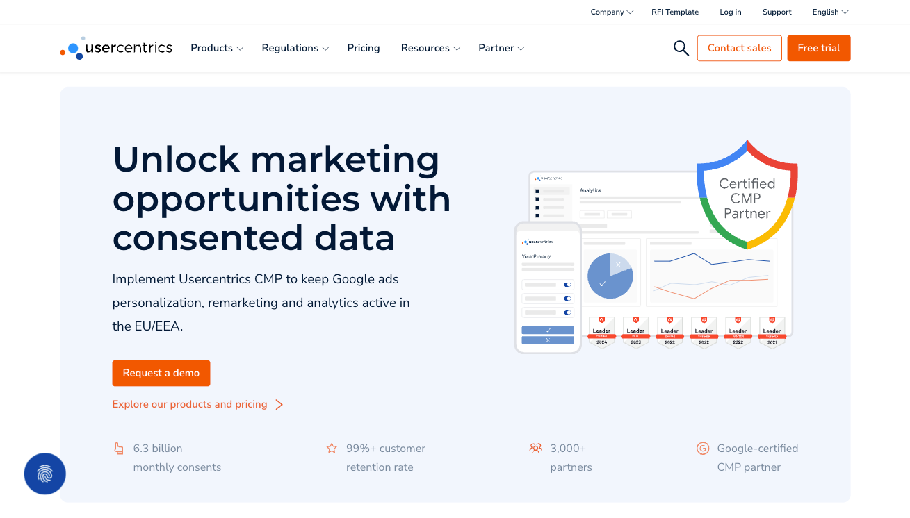 Usercentrics consent management platform homepage highlighting GDPR-compliant consented data for EU/EEA marketing